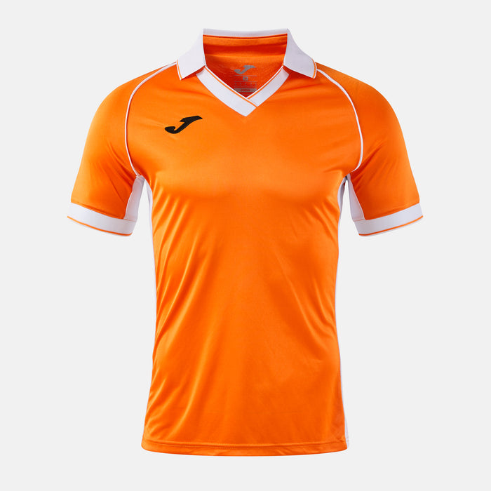 Orange sports jersey with white accents on a light gray background