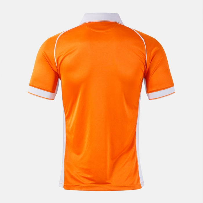 Orange sports jersey with white accents on a light gray background
