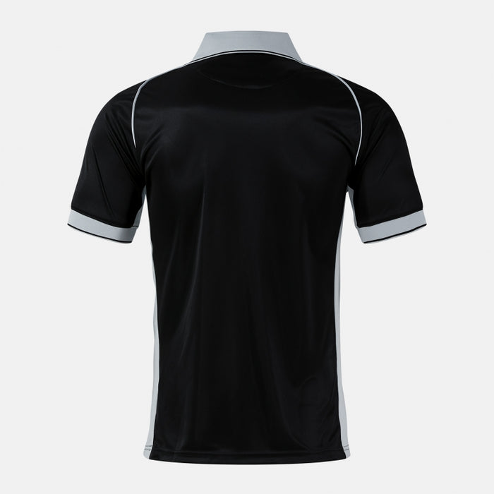Black polo shirt with white accents on a light gray background