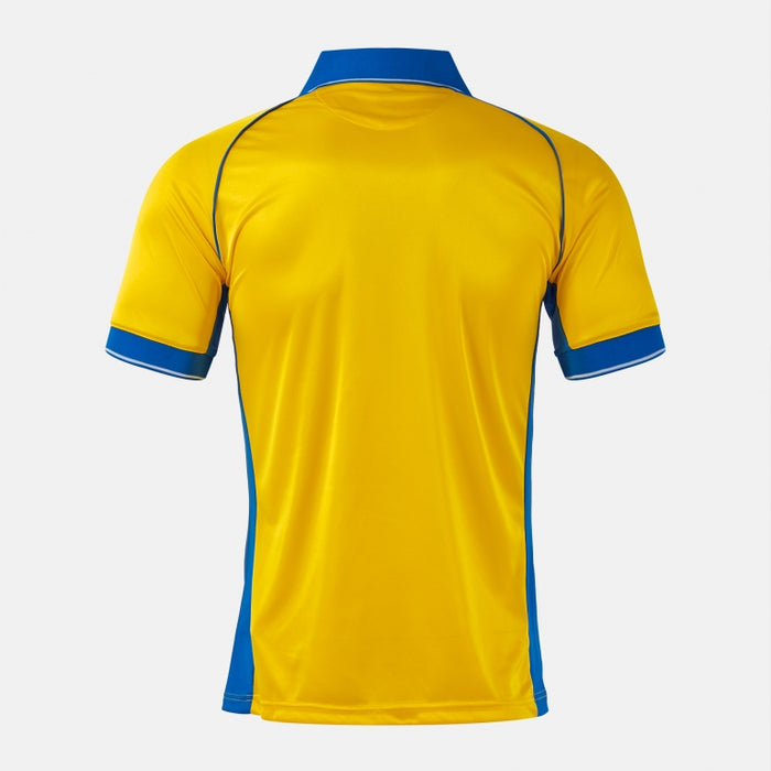 Yellow sports jersey with blue accents on a white background