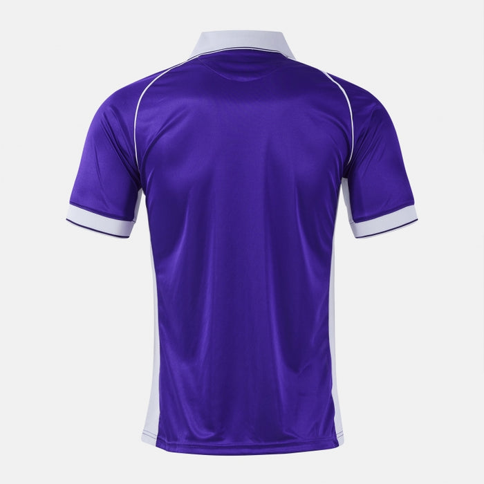 Purple sports jersey with white accents on a light gray background