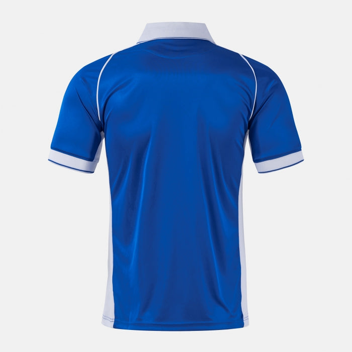 Blue sports jersey with white accents on a light gray background