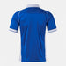 Blue sports jersey with white accents on a light gray background