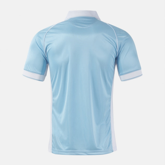 Light blue sports jersey with white trim on a light gray background