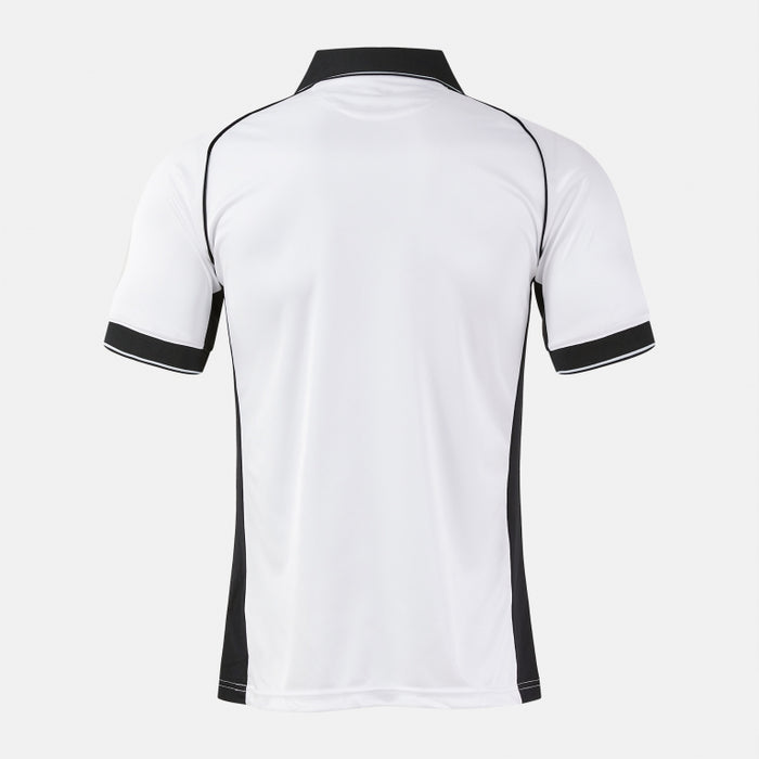 White polo shirt with black accents on a white background