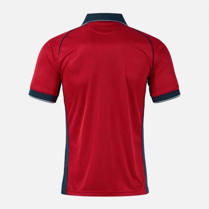 Red sports jersey with navy accents on a white background