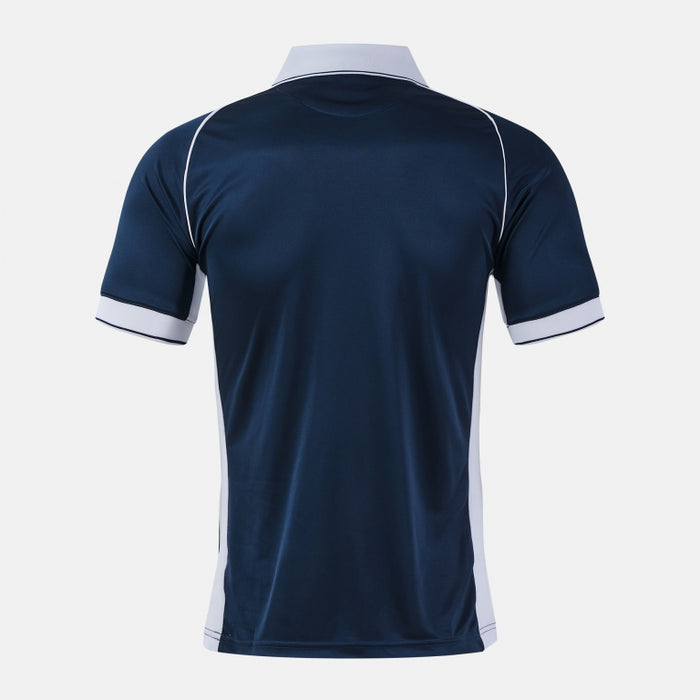 Navy blue sports shirt with white accents on a light gray background