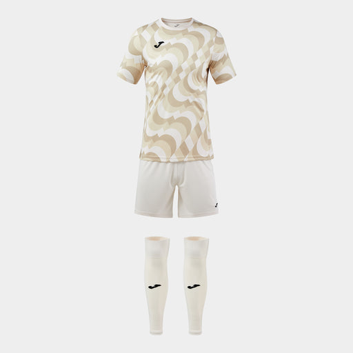 Camouflage-patterned soccer jersey with white shorts and socks on a white background