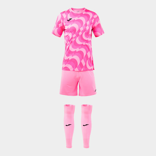 Pink soccer jersey, shorts, and socks set on a white background