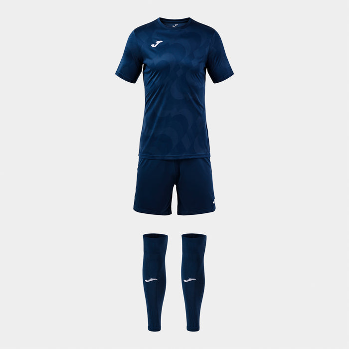 Navy blue sports outfit with shorts and socks on a white background