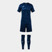 Navy blue sports outfit with shorts and socks on a white background