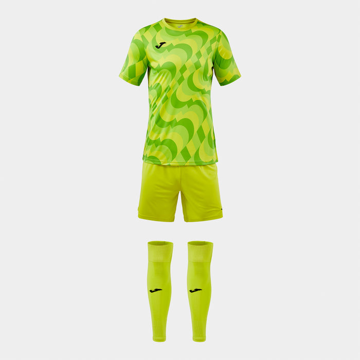 yellow and green sports outfit with shirt, shorts, and socks on a white background