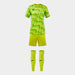 yellow and green sports outfit with shirt, shorts, and socks on a white background