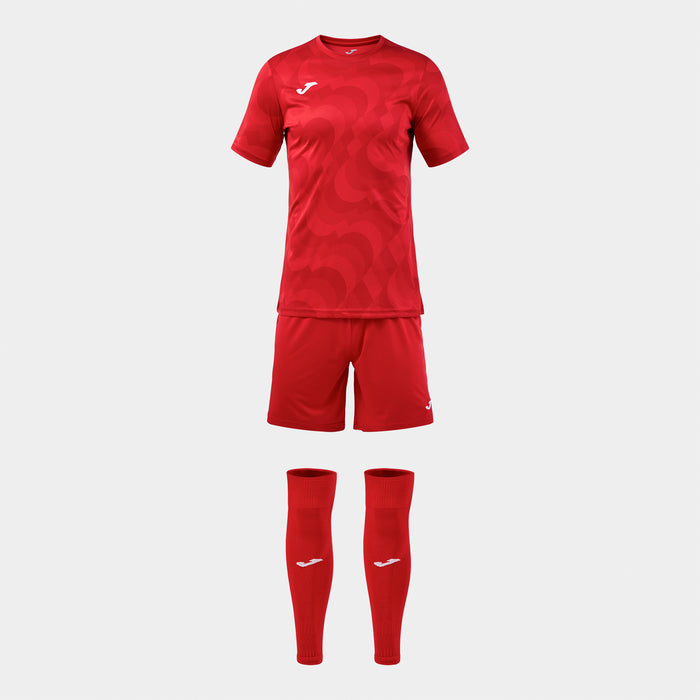 Red sports outfit with shirt, shorts, and socks on a white background