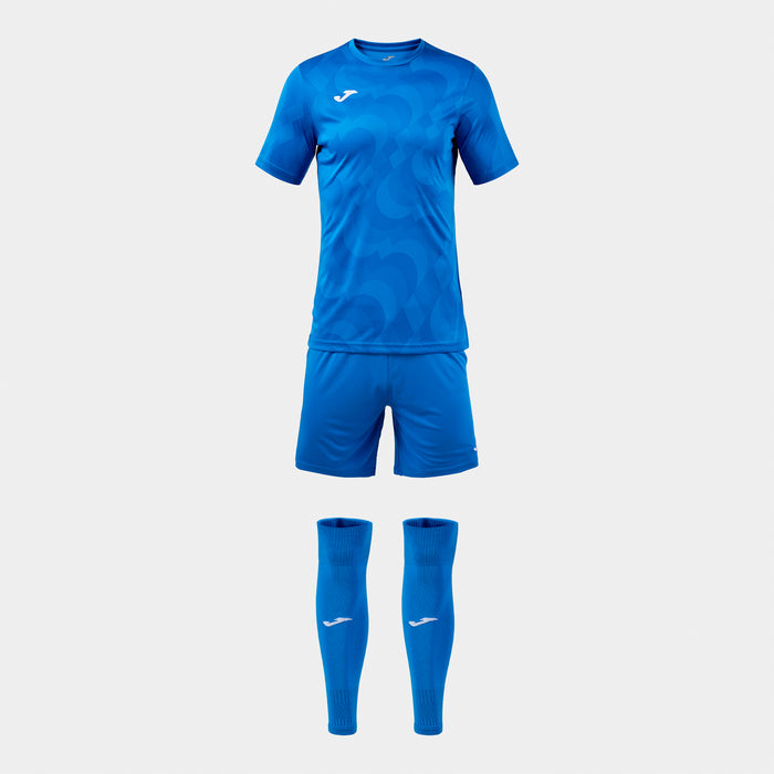Blue sports outfit with shirt, shorts, and socks on a white background