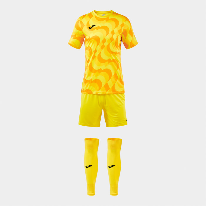 Yellow soccer jersey, shorts, and socks on a white background