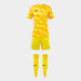 Yellow soccer jersey, shorts, and socks on a white background