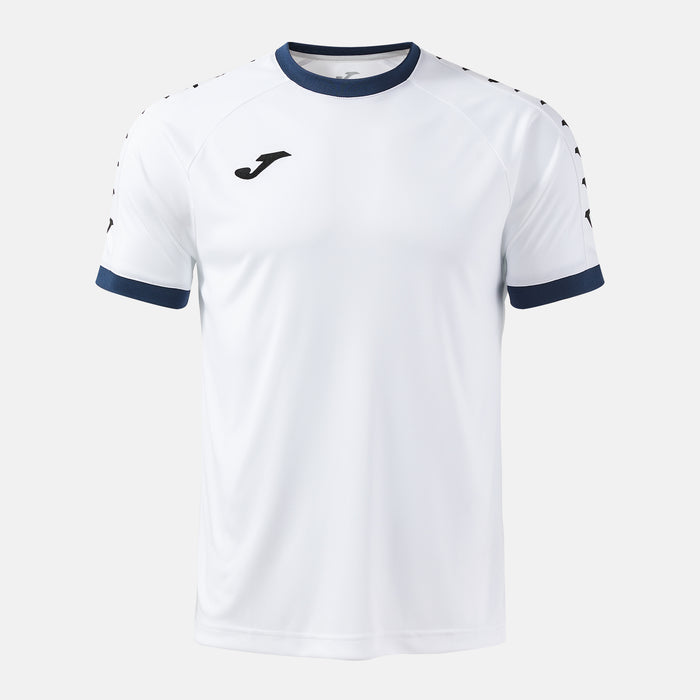 White sports jersey with navy accents on a white background