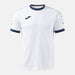 White sports jersey with navy accents on a white background