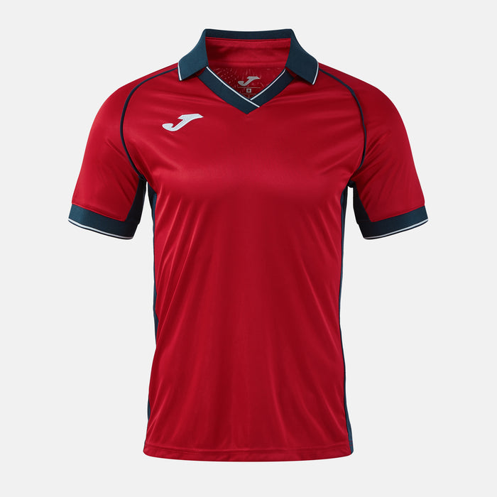 Red sports jersey with navy accents on a white background