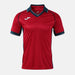 Red sports jersey with navy accents on a white background