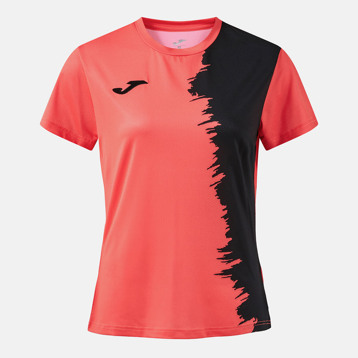 Coral and black sports jersey with a brand logo on a light gray background