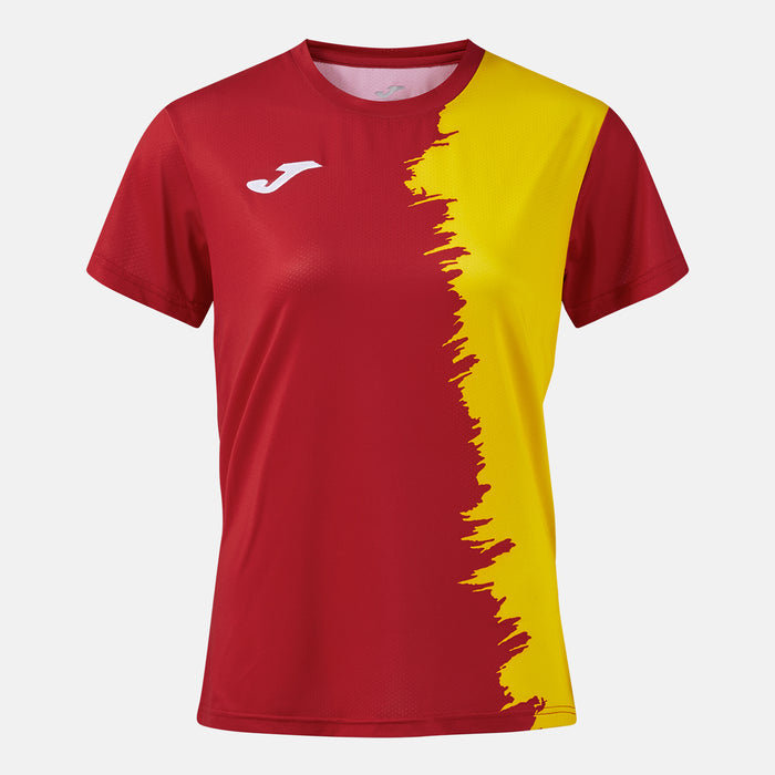 Red and yellow sports jersey with a brand logo on a white background