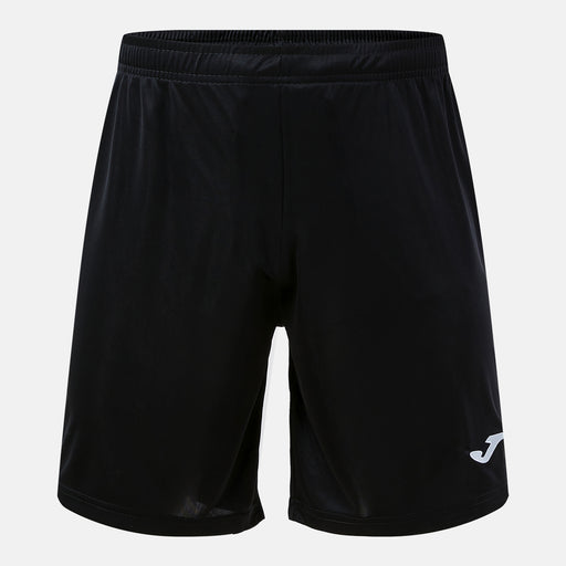 Black shorts with a brand logo on a light gray background