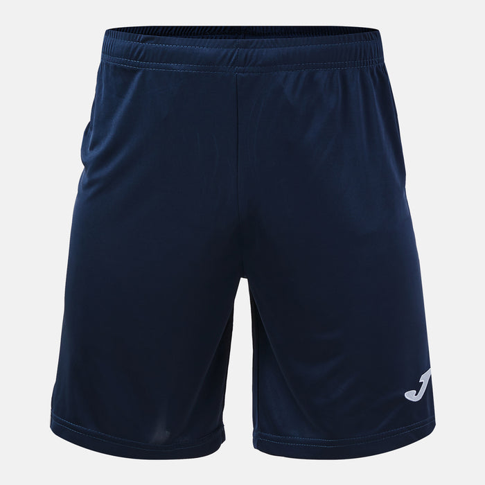 Navy blue shorts with a brand logo on a light gray background
