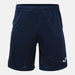 Navy blue shorts with a brand logo on a light gray background