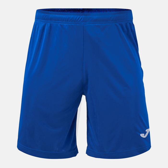 Blue shorts with a brand logo on a light gray background