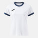 White sports jersey with navy accents on a white background