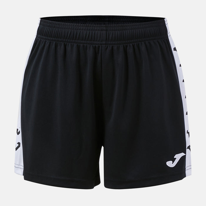 Black shorts with white side panels featuring a logo on a light gray background