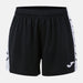 Black shorts with white side panels featuring a logo on a light gray background