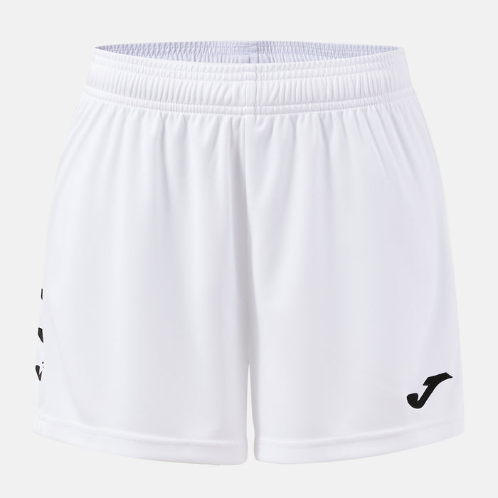 White shorts with black logo on a white background