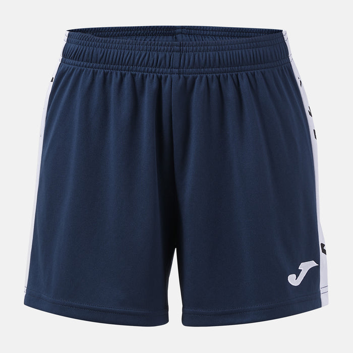 Navy shorts with a white logo on a light gray background