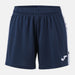 Navy shorts with a white logo on a light gray background