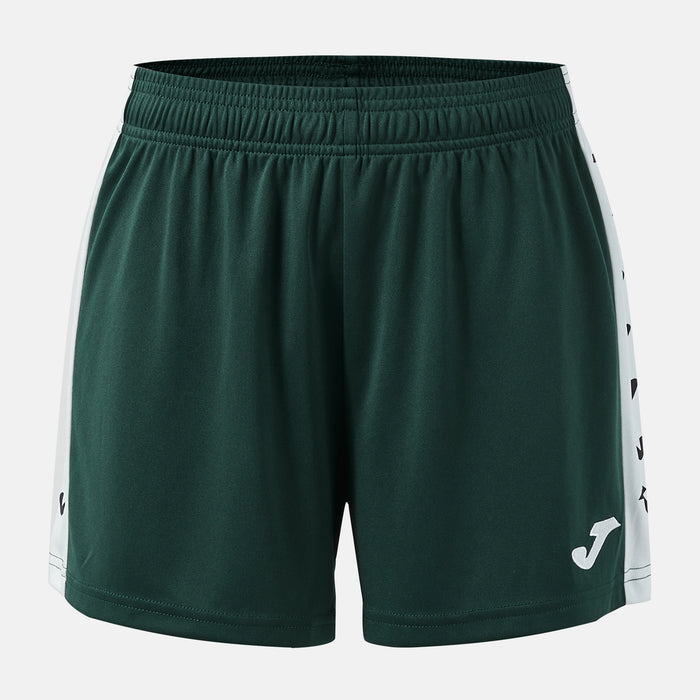 Green shorts with a white brand logo on a light gray background