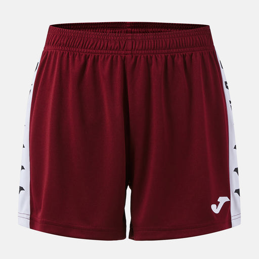 Maroon shorts with white accents on a light gray background