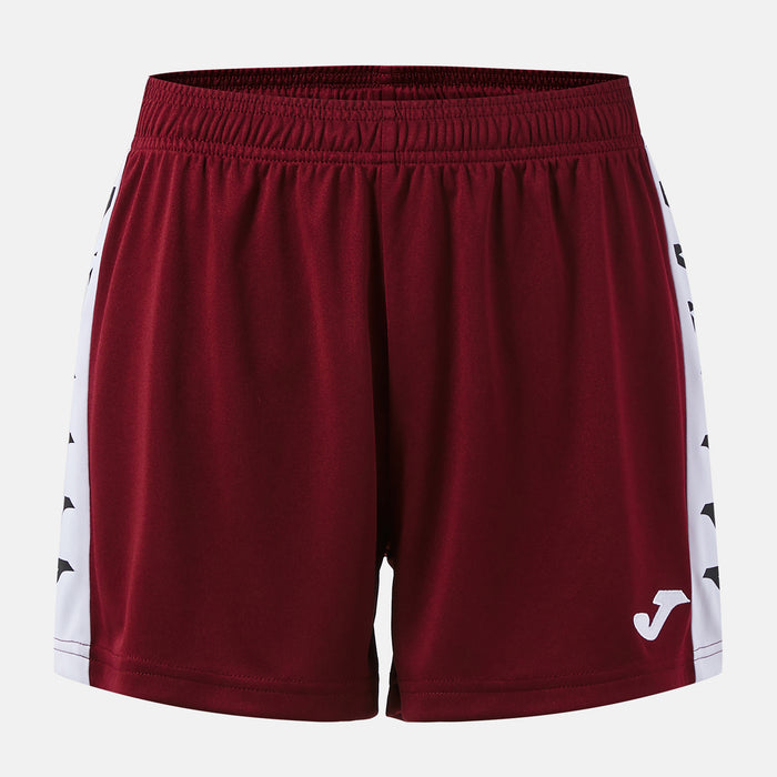 Maroon shorts with white accents on a light gray background