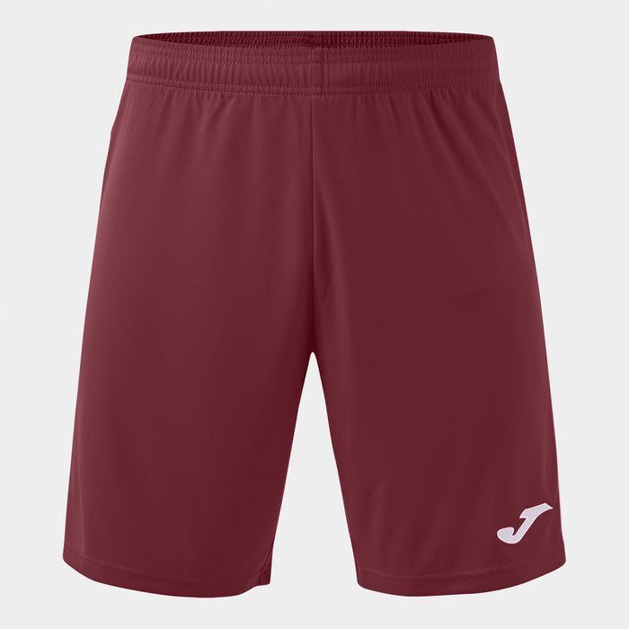 Maroon shorts with a brand logo on a light gray background
