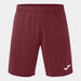 Maroon shorts with a brand logo on a light gray background