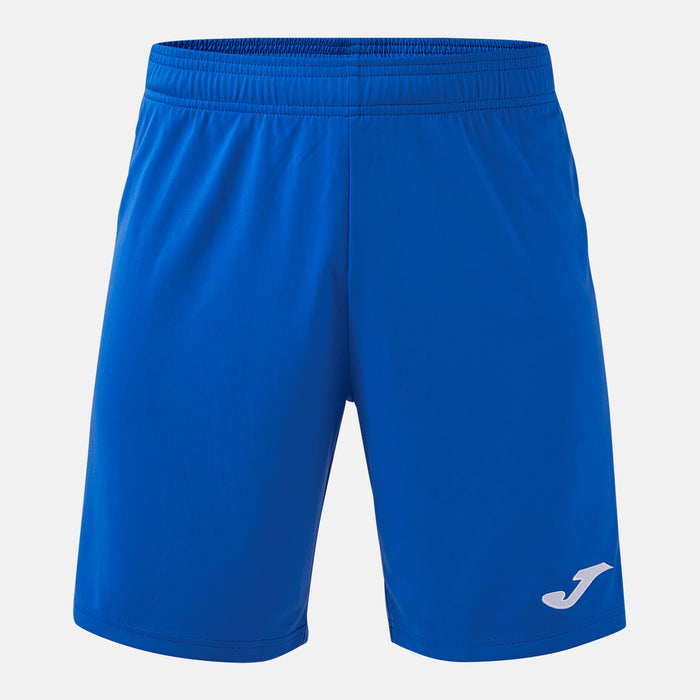 blue shorts with a brand logo on a light gray background