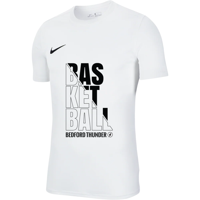 White t-shirt with 'Basketball' and 'Bedford Thunder' text and Nike logo on a white background