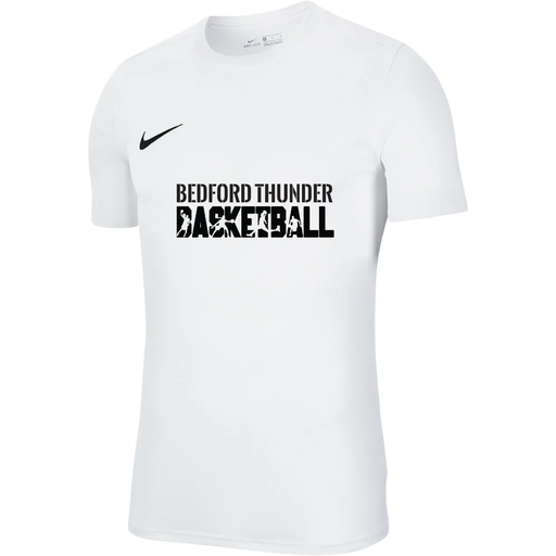 White t-shirt with 'Bedford Thunder Basketball' text and Nike logo on a white background