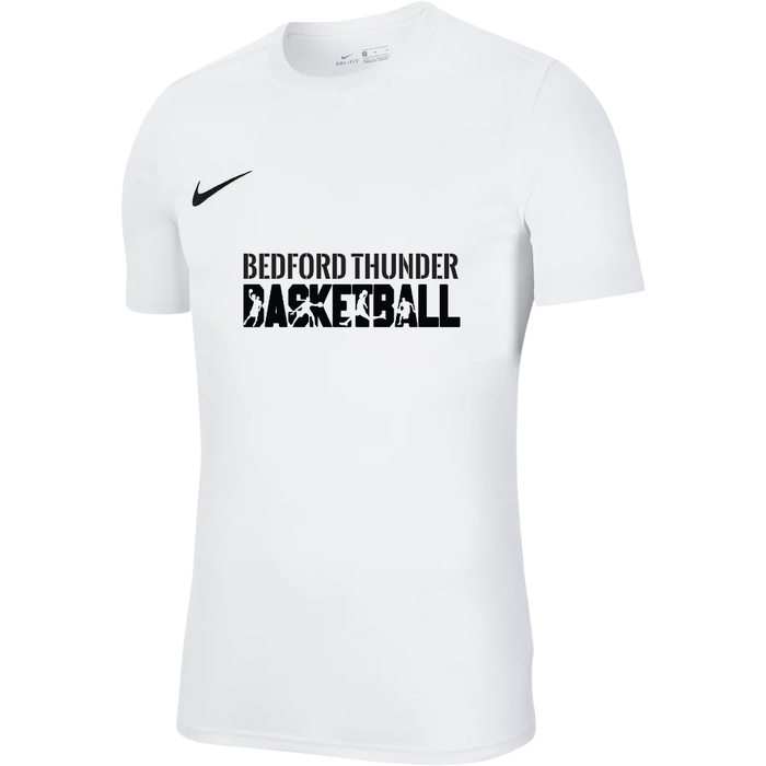 White t-shirt with 'Bedford Thunder Basketball' text and Nike logo on a white background