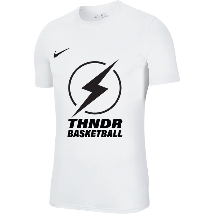 White t-shirt with black logo and text on a white background