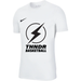 White t-shirt with black logo and text on a white background