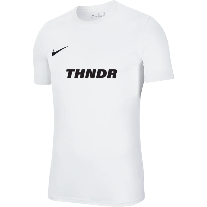 White t-shirt with black Nike logo and 'THNDR' text on a white background