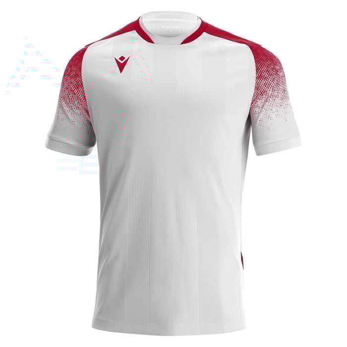 White sports jersey with red accents on a white background